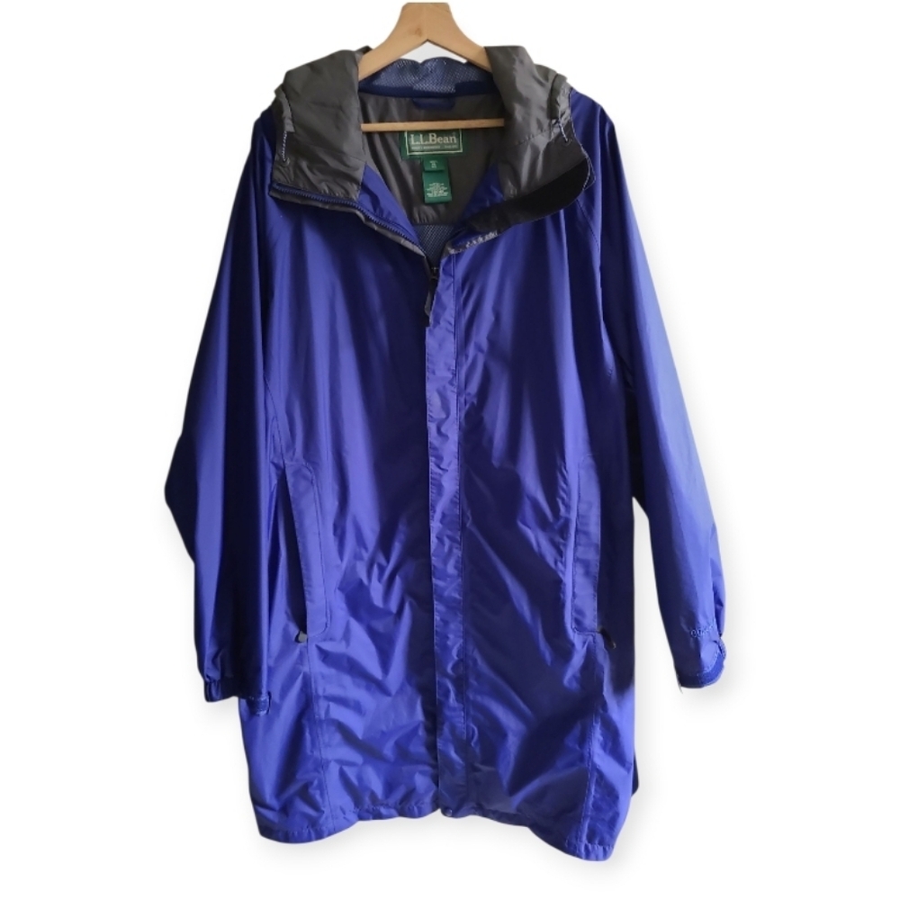 Vtg L.L.Bean Mens Hooded Rain Jacket Blue Long Length Zip Down Lightweight XL